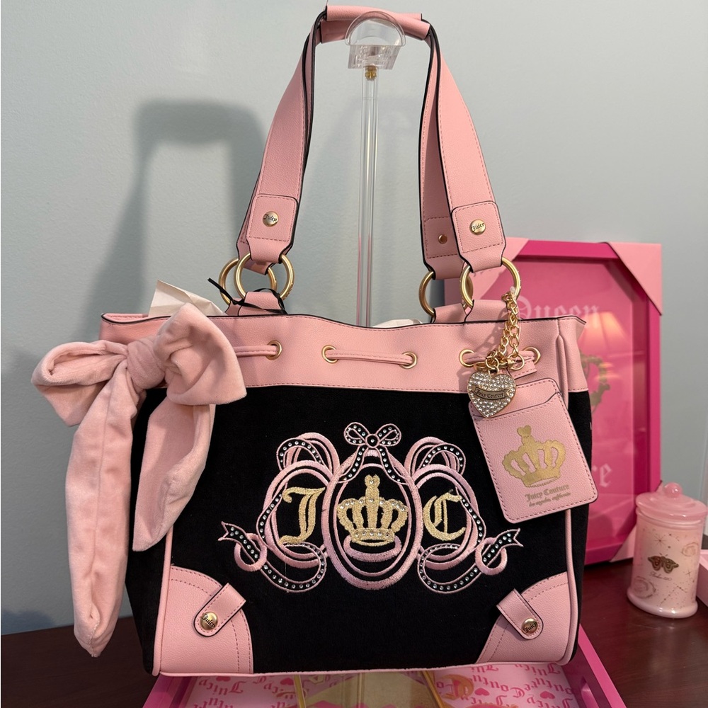 Juicy Couture Black and Pink Embroidered Crest Shoulder Bag